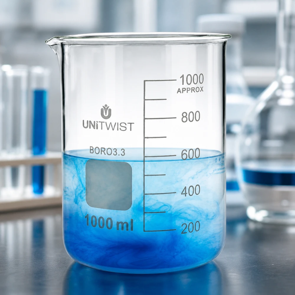 Bicchiere da 1000 ml in borosilicato, stampo basso UNiTWIST Bicchiere da laboratorio in borosilicato trasparente da 1000 ml, forma bassa, con liquido blu e scala di misurazione