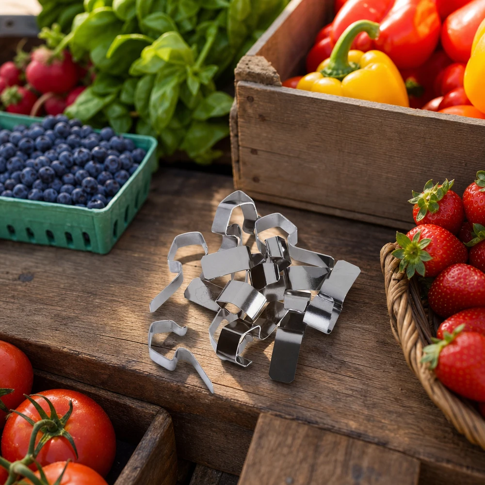 Pinza per conserve Morsetti di conservazione in acciaio inox circondati da verdure fresche, frutta e bacche su un tavolo di legno rustico Accessori per la cucina