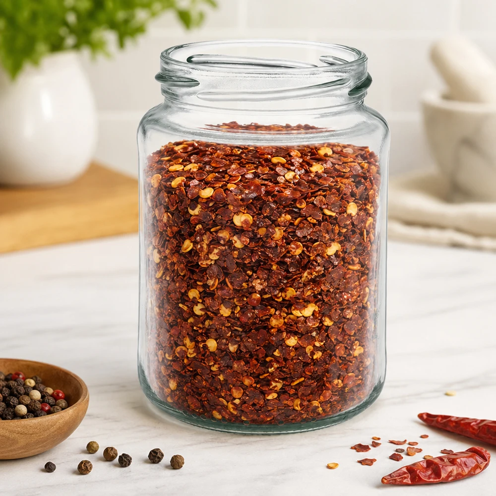 UNiTWIST Runda382 - Barattolo rotondo capacità 382ml TO66 UNiTWIST Runda382 bicchiere rotondo da 382 ml TO66 riempito con miscela di spezie al peperoncino in cucina leggera su tavolo di marmo