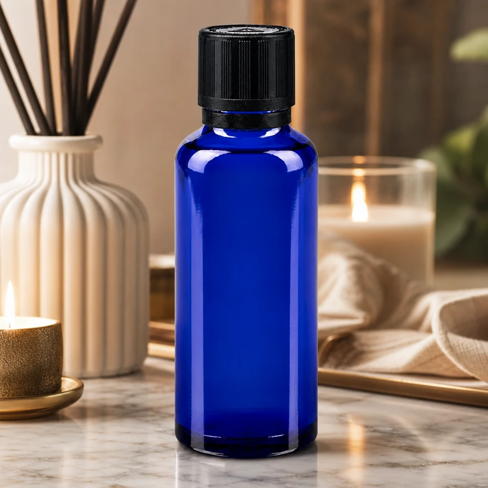 Flacone contagocce blu da 30 ml in vetro da farmacia con tappo originale nero e inserto da 1 mm