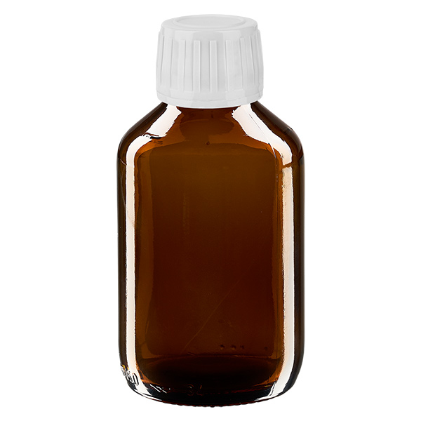 Flacone per medicinali Euro 150ml marrone PP28. con tappo a vite bianco Flacone per medicinali Euro 150ml marrone PP28. con tappo a vite bianco
