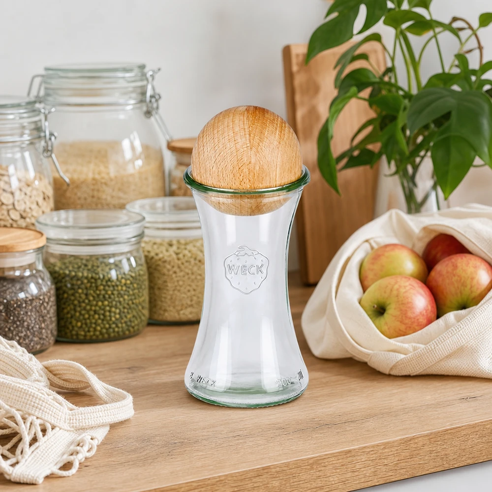 Vasetto da 200 ml WECK RR60 con sfera in legno di faggio Palla di legno di faggio Vaso WECK 200ml RR60 con sfera in faggio in cucina sostenibile a spreco zero con barattoli di stoccaggio e mele