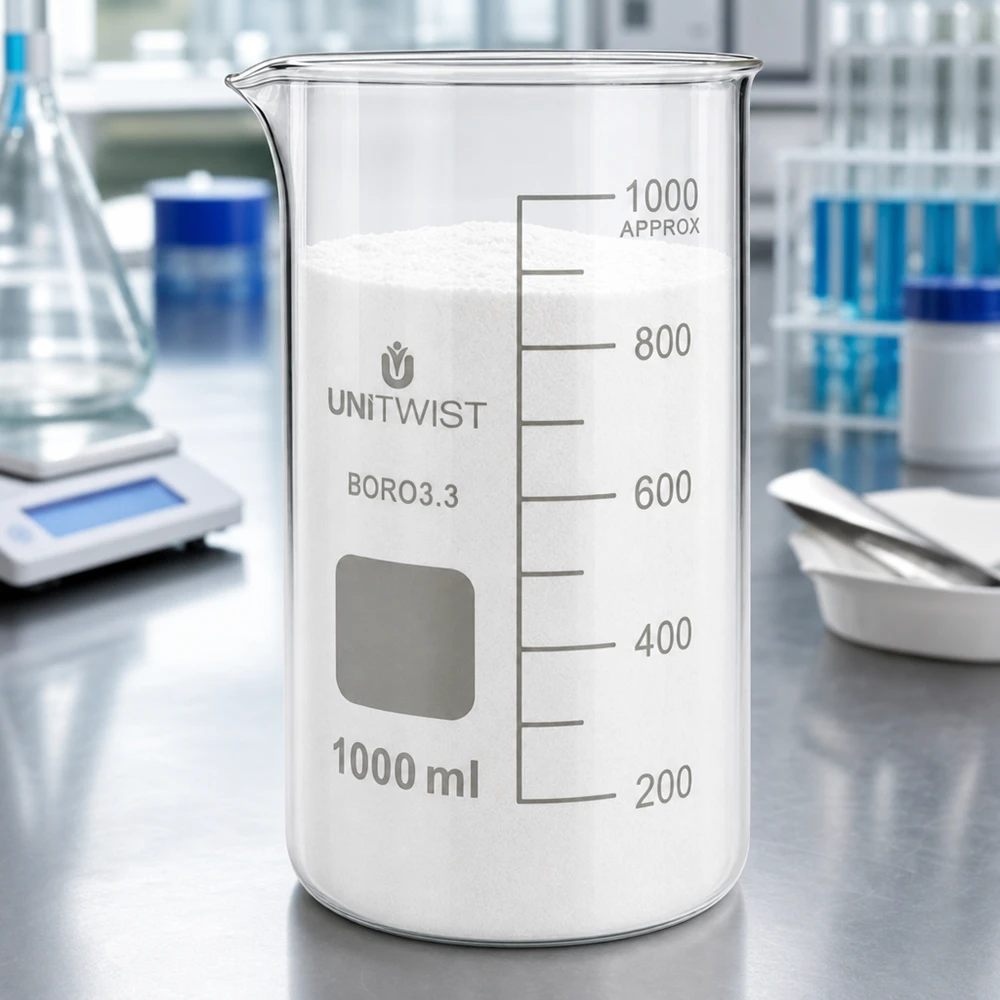 Vaso di vetro UNITWIST da 1000 ml, forma alta, in borosilicato, riempito con polvere bianca in laboratorio