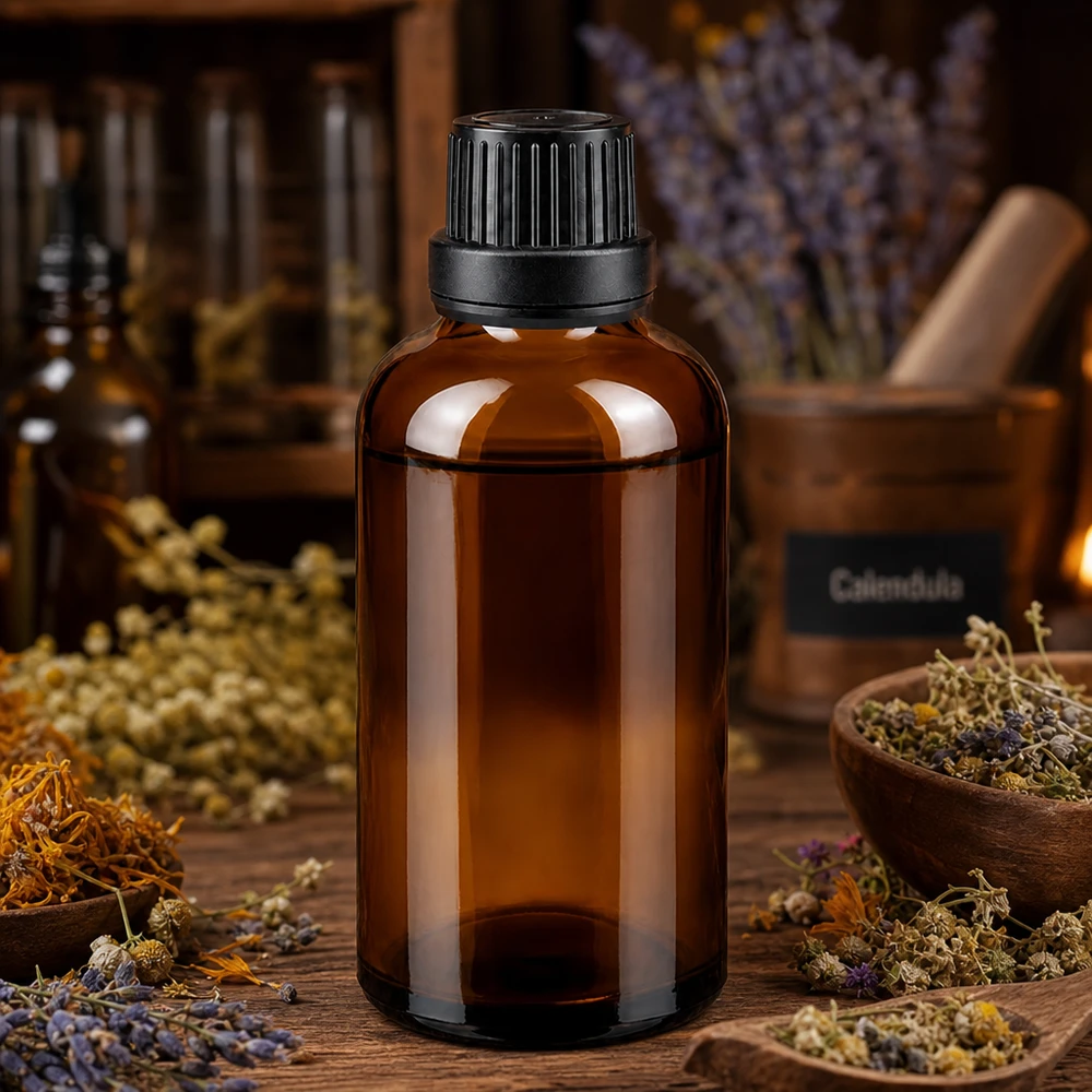Bottiglia da farmacia marrone da 50ml. SV OV nero/11mm ApoGlas Flacone in vetro ambrato da 50 ml con tappo di sicurezza nero, contenente erbe medicinali essiccate e calendula