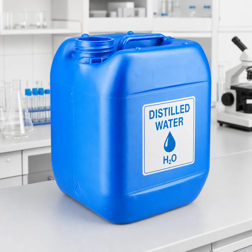 Tanica 5 litri blu senza tappo Tanica da 5 litri blu senza tappo in laboratorio con la scritta “Acqua distillata”