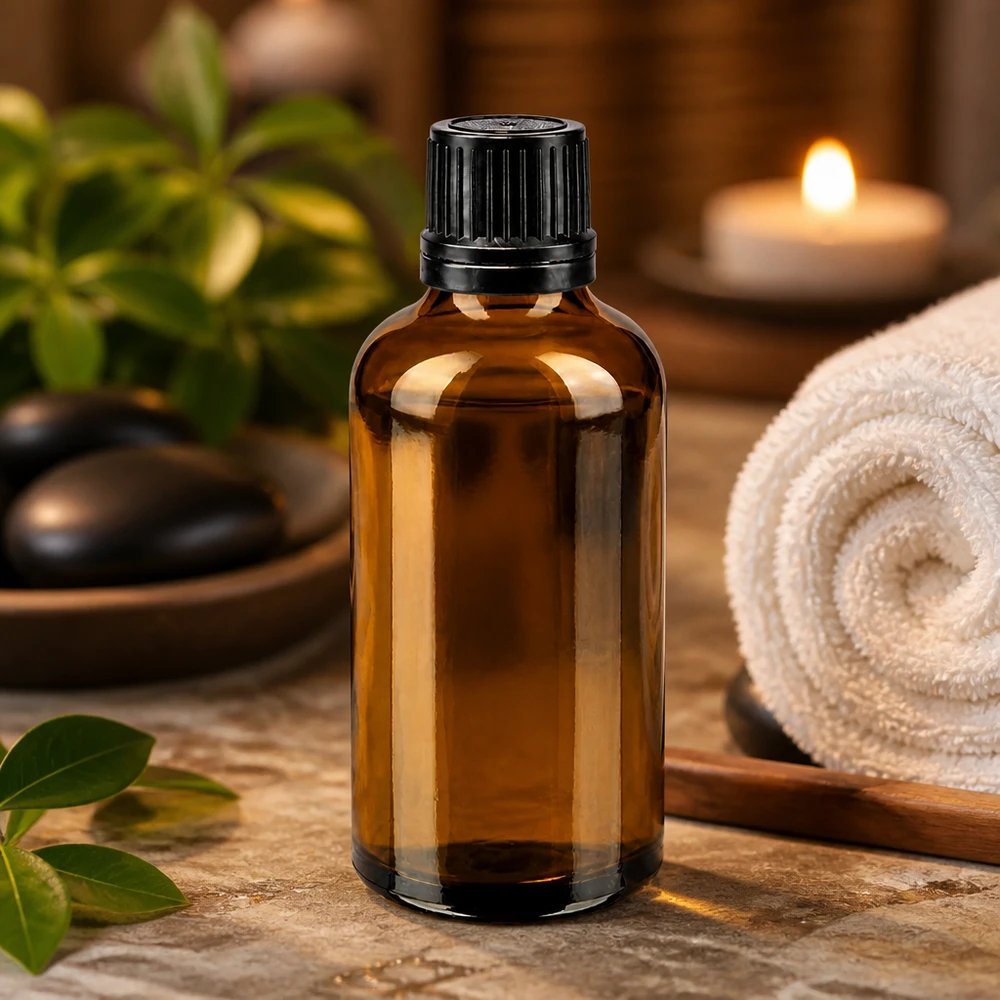 Flacone in vetro ambrato da 50 ml con tappo OV nero a prova di bambino, 8 mm, Spa Wellness