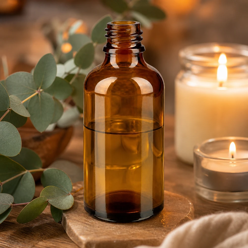 Bottiglia di vetro marrone da 50 ml Bottiglia da farmacia ApoGlas con olio essenziale accanto a candele ed eucalipto