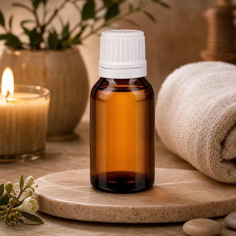 Flacone da farmacia color ambra da 15 ml con tappo a vite bianco su vassoio di marmo