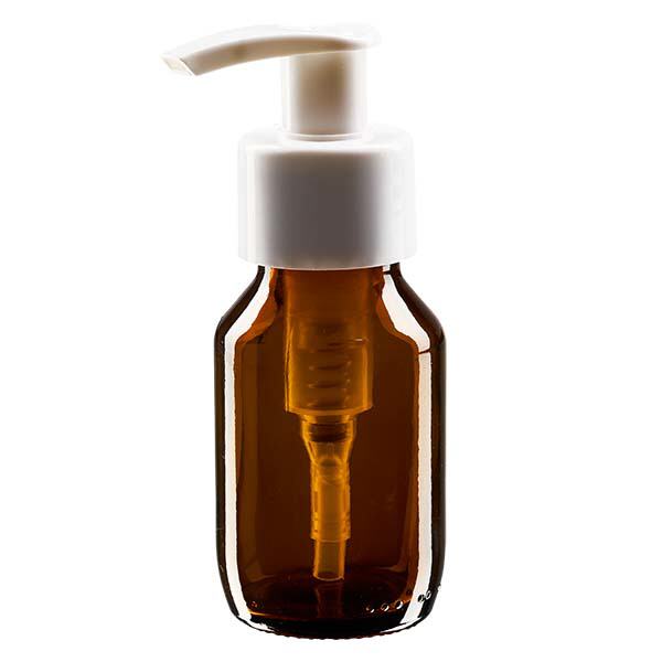 Flacone per medicinali da 50 ml marrone, con pompa dosatrice in ApoGlas bianco