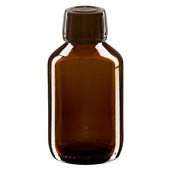 Flacone per medicinali da 150 ml marrone, tappo marrone con chiusura antimanomissione Flacone per medicinali da 150 ml marrone, tappo marrone con chiusura antimanomissione