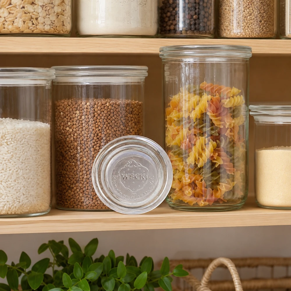 Coperchio in vetro WECK RR40 per la conservazione di pasta, lenticchie e cereali in cucine con ripiani in legno