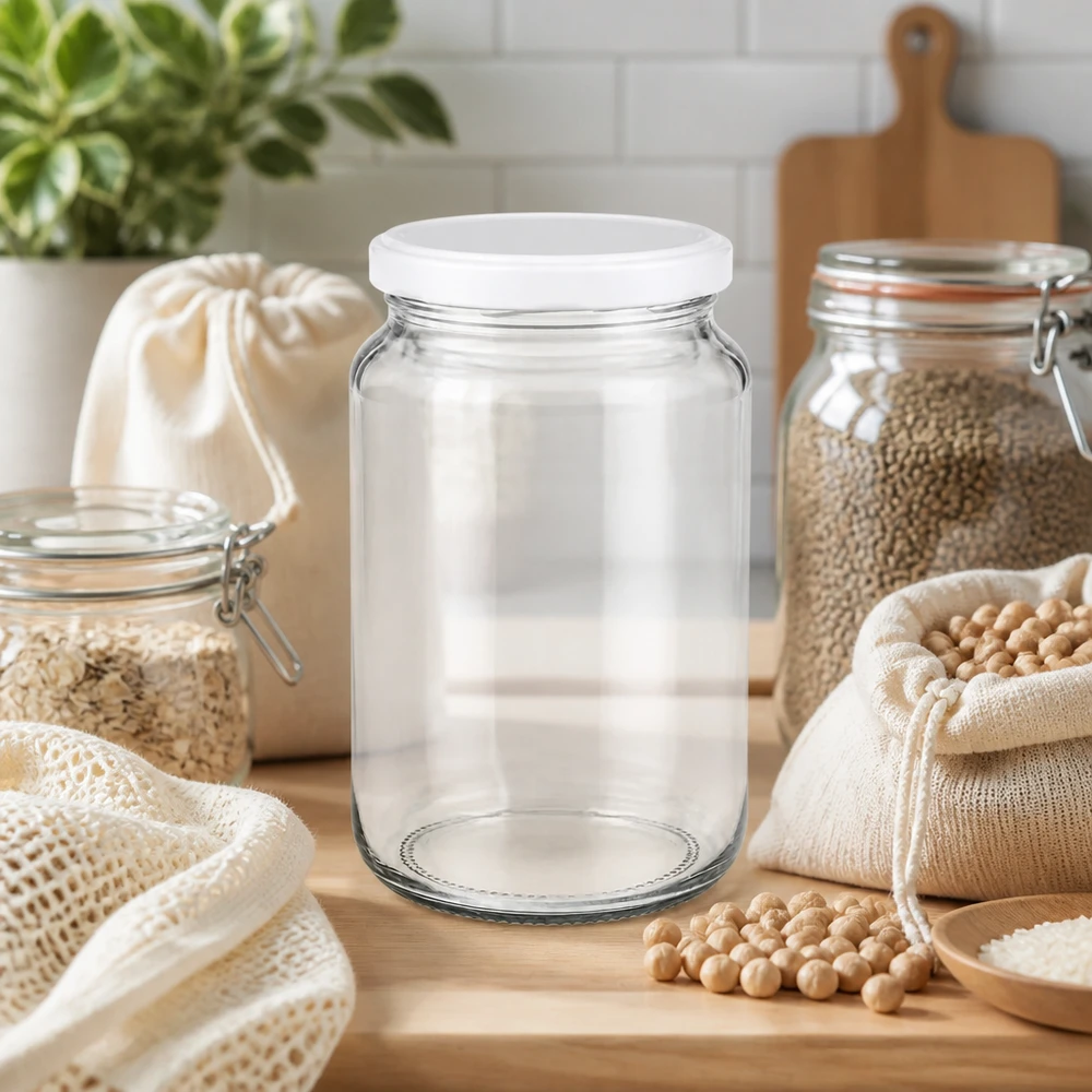 Barattolo rotondo da 382 ml con coperchio BasicSeal bianco UNiTWIST 382ml UNiTWIST Rundglas mit weißem BasicSeal Deckel in nachhaltiger Zero-Waste Küche mit Hülsenfrüchten und Stoffbeuteln