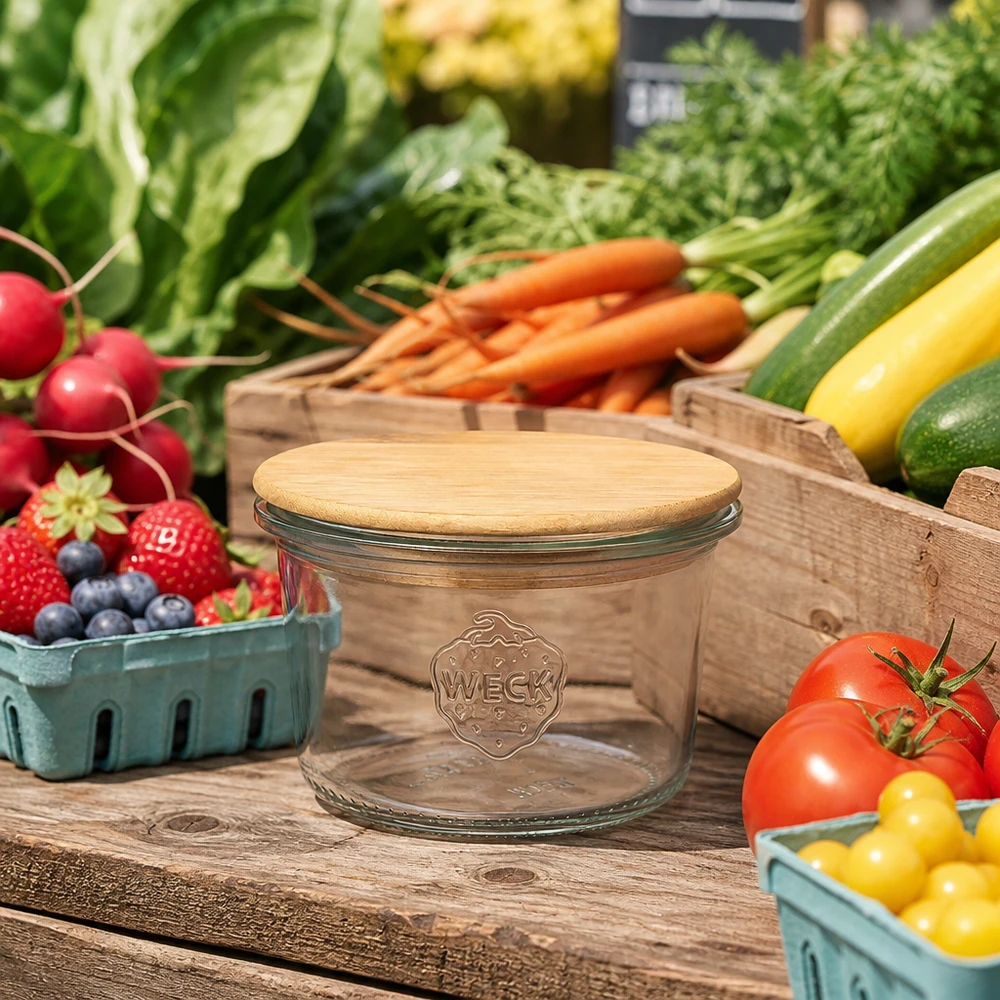 Barattolo da 80 ml WECK RR60 con coperchio in legno WECK Sturzglas 80ml RR60 mit Bambusdeckel auf Holztisch zwischen frischem Gemüse Obst Marktstand Atmosphäre