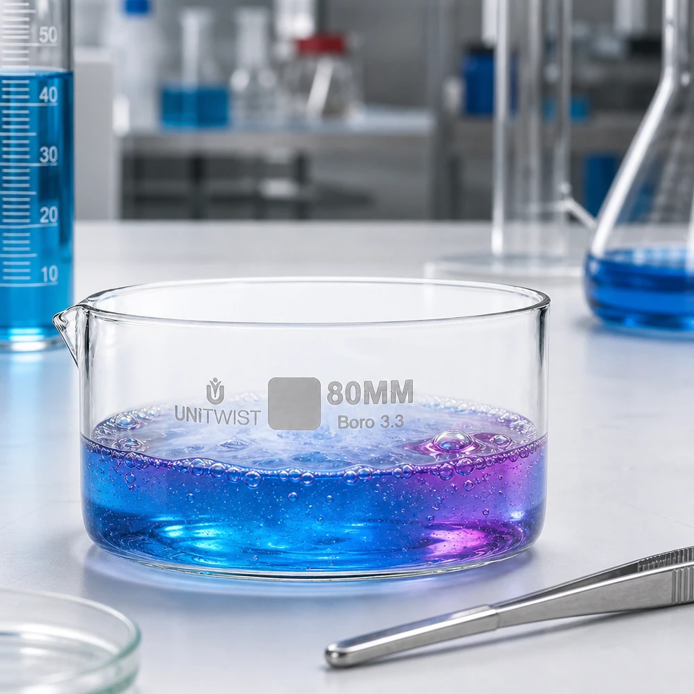 Piatto per cristallizzazione ø80 mm in vetro borosilicato UNiTWIST Soluzione bollente di colore blu-viola in una vaschetta di cristallizzazione da 80 mm in vetro borosilicato – Esperimento di laboratorio UNiTWIST