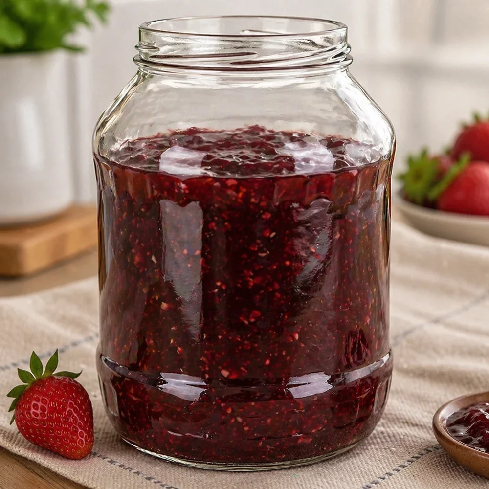 UNiTWIST Runda2650 - Bicchieri capacità 2650ml TO100 Vaso a sfera 2650ml riempito di marmellata di fragole UNiTWIST Runda2650 vaso per conserve TO100 filettatura Esempio di applicazione