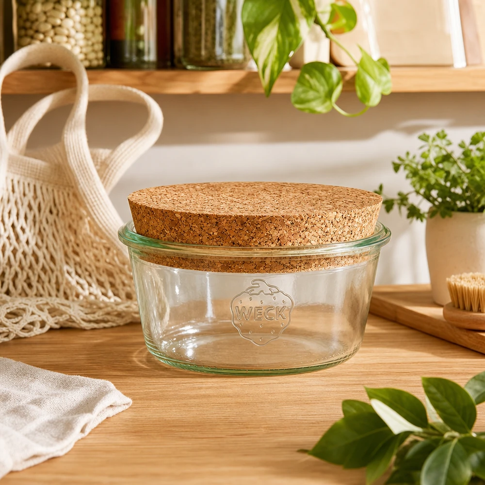 Barattolo WECK 290ml RR100 con coperchio in sughero in cucina sostenibile a spreco zero con piante e borsa in rete