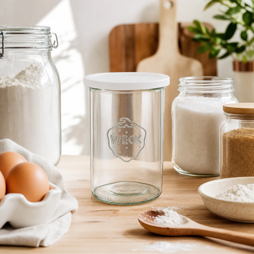 Bicchieri da 1000ml con coperchio di freschezza WECK RR100 WECK barattolo tumbling 1000ml RR100 barattolo da conserva vuoto con coperchio fresco tra uova farina e utensili da cucina mostra accessori da forno