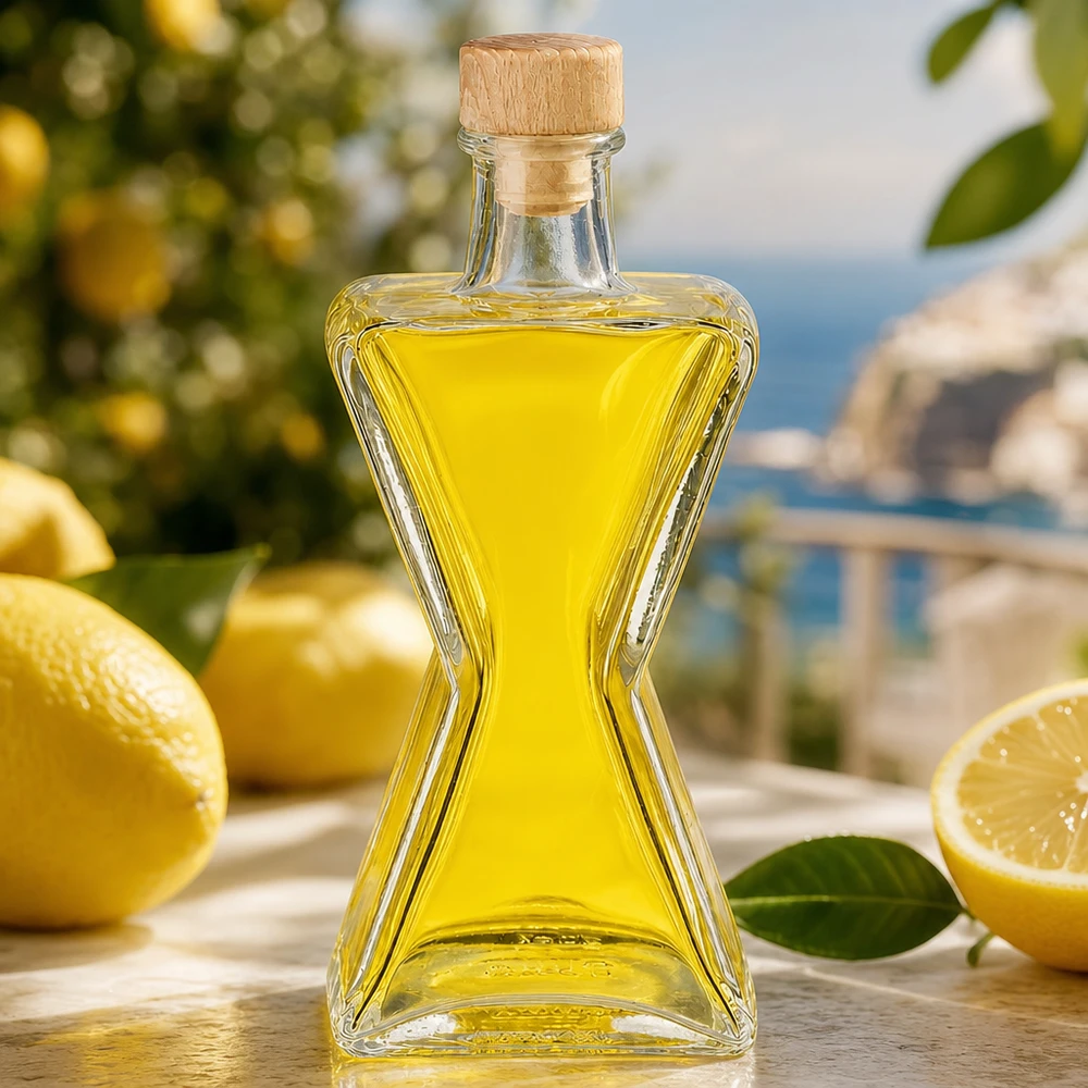 Bottiglia di vetro Star da 200 ml riempita di olio giallo accanto ai limoni - tappo di legno UNiTWIST per limoncello e liquori
