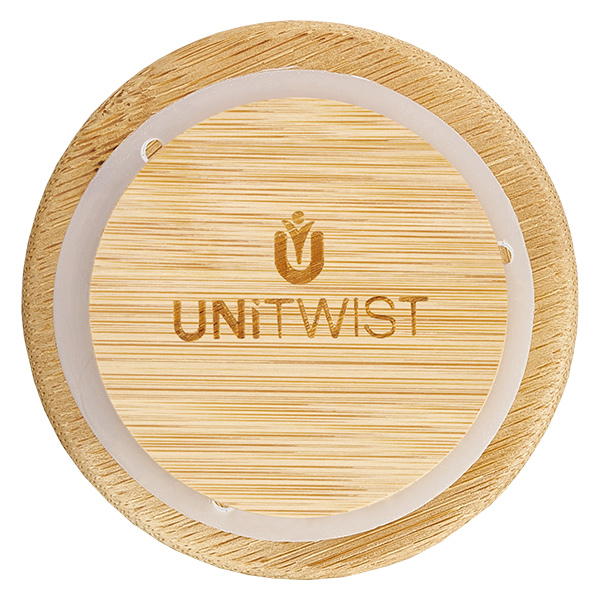 Coperchio in legno versione "A" per WECK RR60 Coperchio in legno UNITWIST RR60 vista dall'alto con logo inciso al laser e anello di tenuta in silicone trasparente per vasi WECK