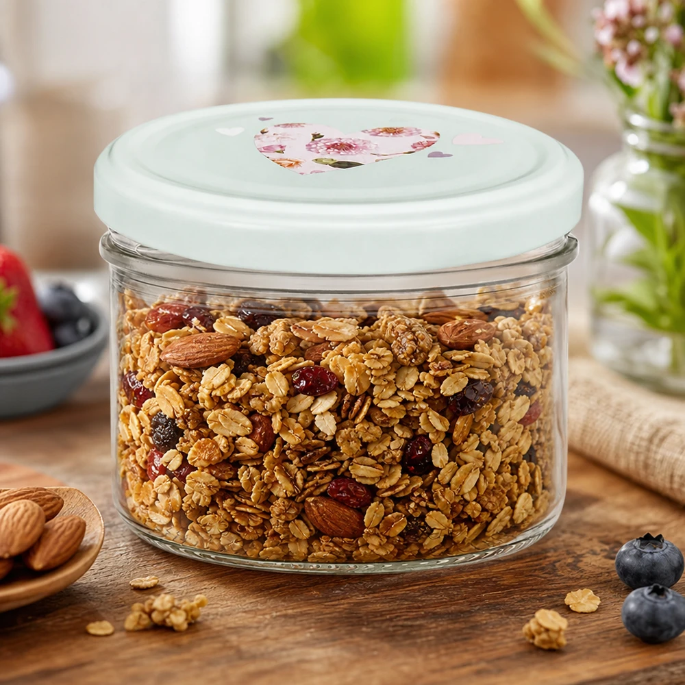 Barattolo cilindrico da 230 ml + coperchio BasicSeal cuore menta Barattolo cilindrico da 230 ml con coperchio BasicSeal cuore di menta riempito con noci muesli e frutta secca su base di legno