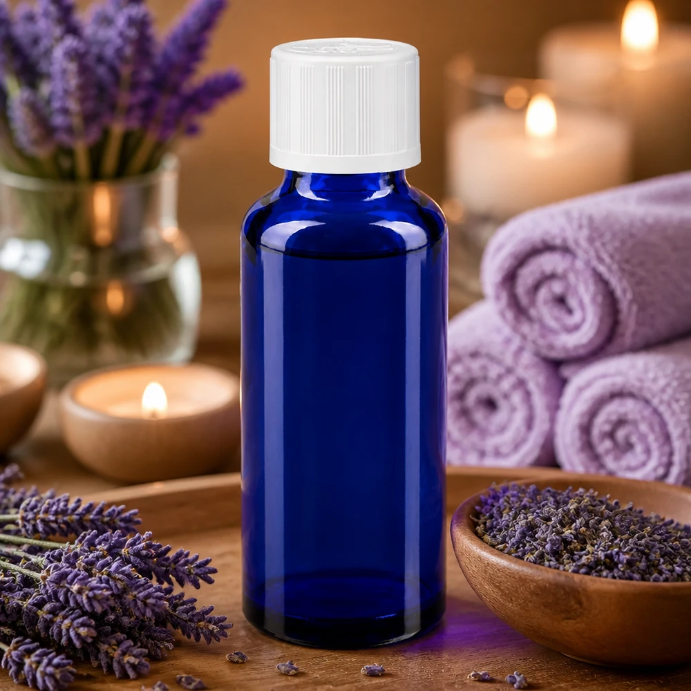 Flacone di vetro blu da 30 ml con tappo di sicurezza per bambini bianco, davanti a fiori di lavanda e candele