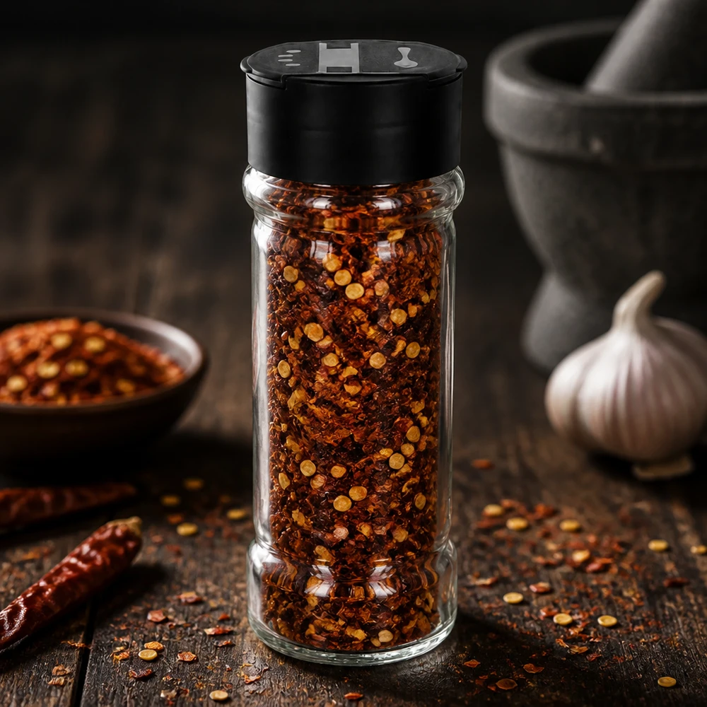 Barattolo di vetro trasparente da 100 ml riempito con fiocchi di peperoncino e dotato di coperchio nero a doppia spargitrice