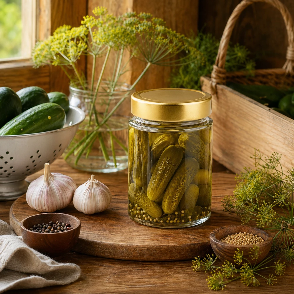 Vaso rotondo da 202 ml con coperchio dorato pieno di sottaceti - vaso tradizionale per la conservazione di verdure sottaceto