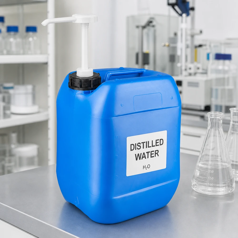 Tanica 10 litri blu con pompa dosatrice Tanica da laboratorio blu da 10 litri con pompa dosatrice, riempita con acqua distillata, su un tavolo in acciaio inossidabile
