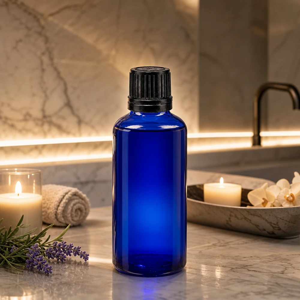 Flacone protettivo dalla luce blu da 50 ml con tappo contagocce nero in un’elegante atmosfera da spa