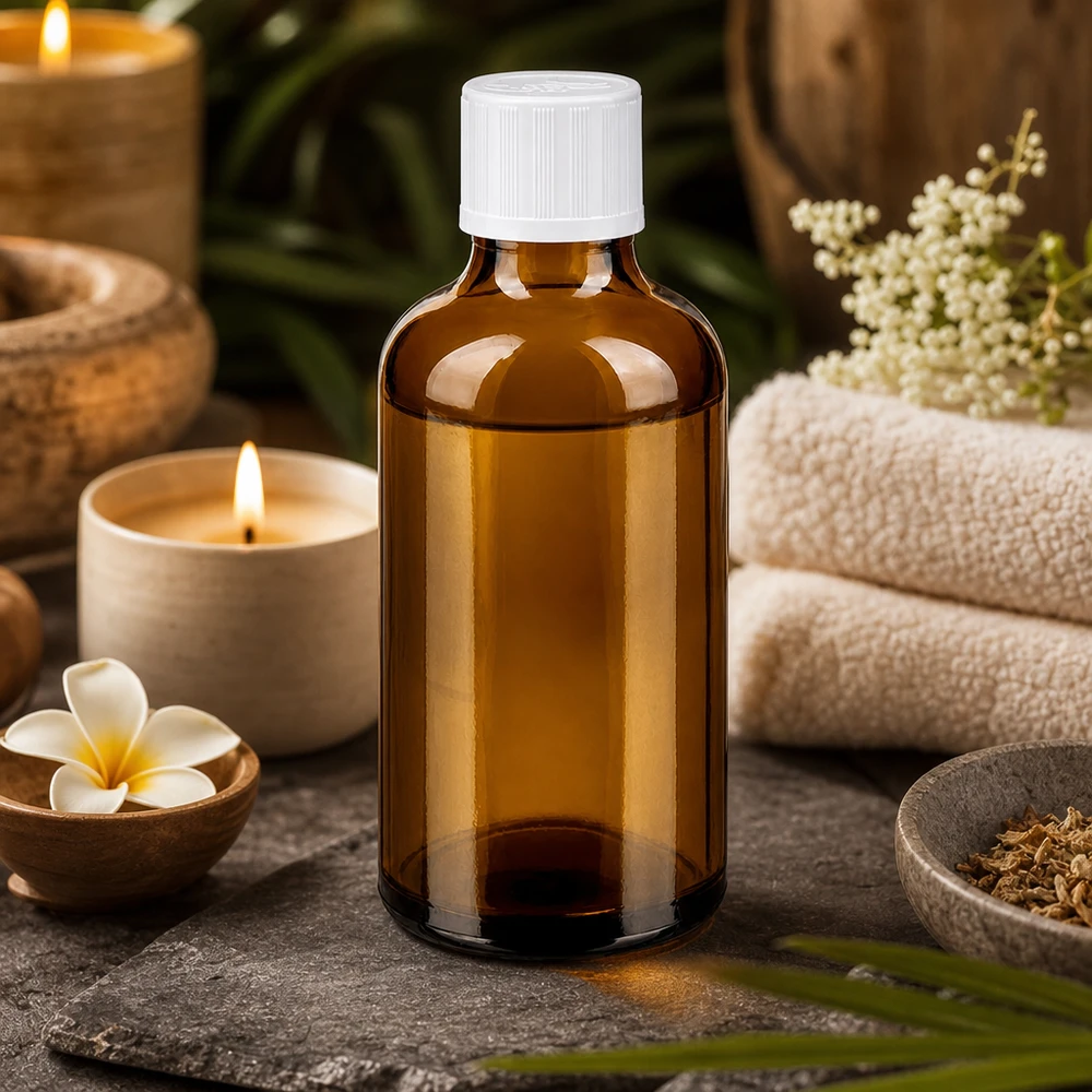 Bottiglia da farmacia marrone da 50 ml. SV STD KiSi bianco/11 mm ApoGlas Flacone da 50 ml in vetro ambrato con tappo bianco KiSi, in un ambiente da spa con candela e asciugamani