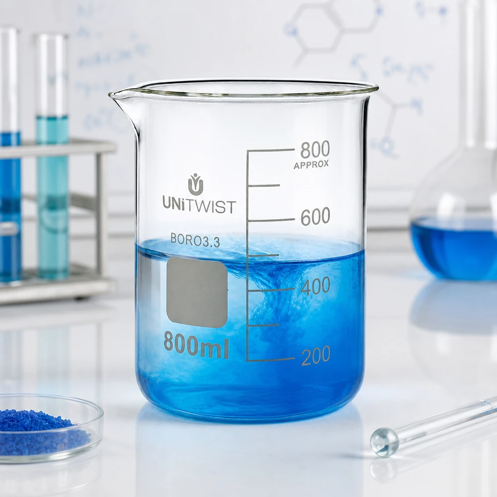 Bicchiere 800ml borosilicato, stampo basso UNiTWIST Foto di laboratorio: becher UNiTWIST da 800 ml in vetro borosilicato 3.3, forma bassa, con soluzione blu