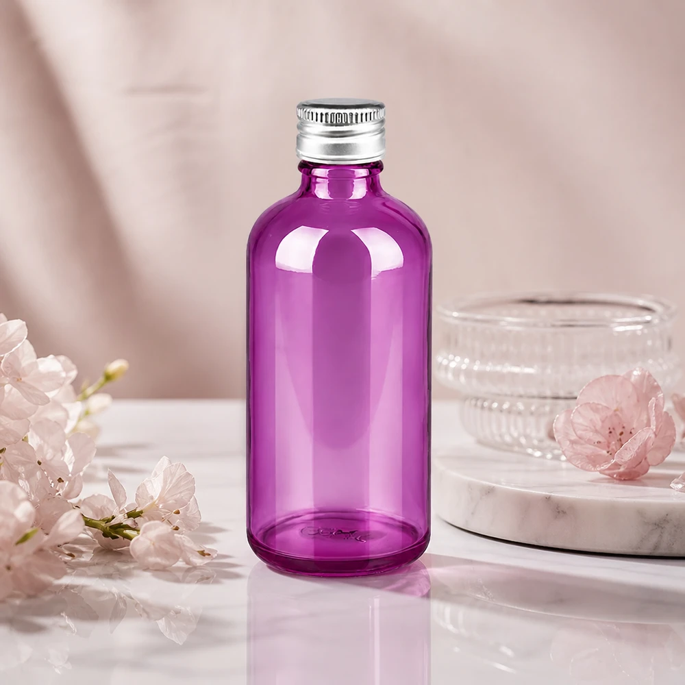 Bottiglia da 100 ml. Tappo a vite da 11 mm alluminio-argento standard PurpleLine. UT18/100 Flacone professionale in vetro viola da 100 ml con tappo in alluminio a tenuta stagna per farmacie