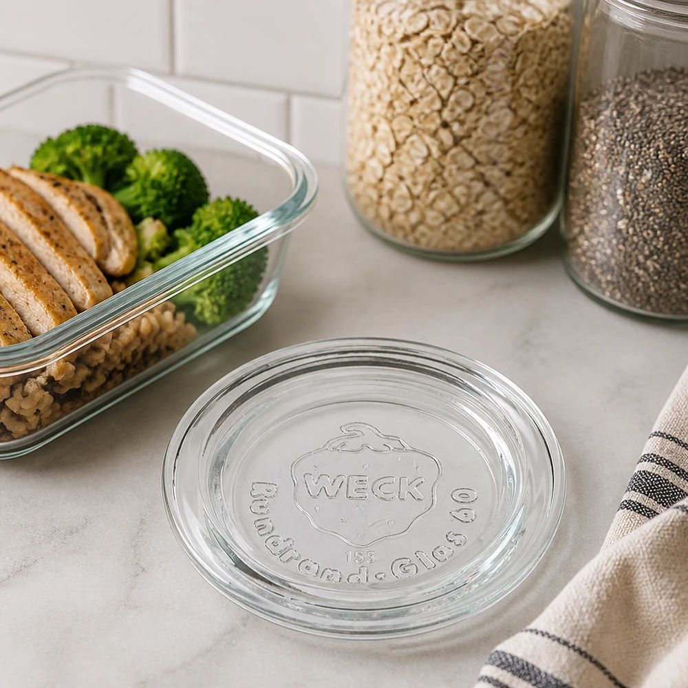 Coperchio in vetro WECK RR60 su un piano di lavoro in marmo accanto a un contenitore per la preparazione dei pasti con broccoli e barattoli per la conservazione Stile di vita in cucina