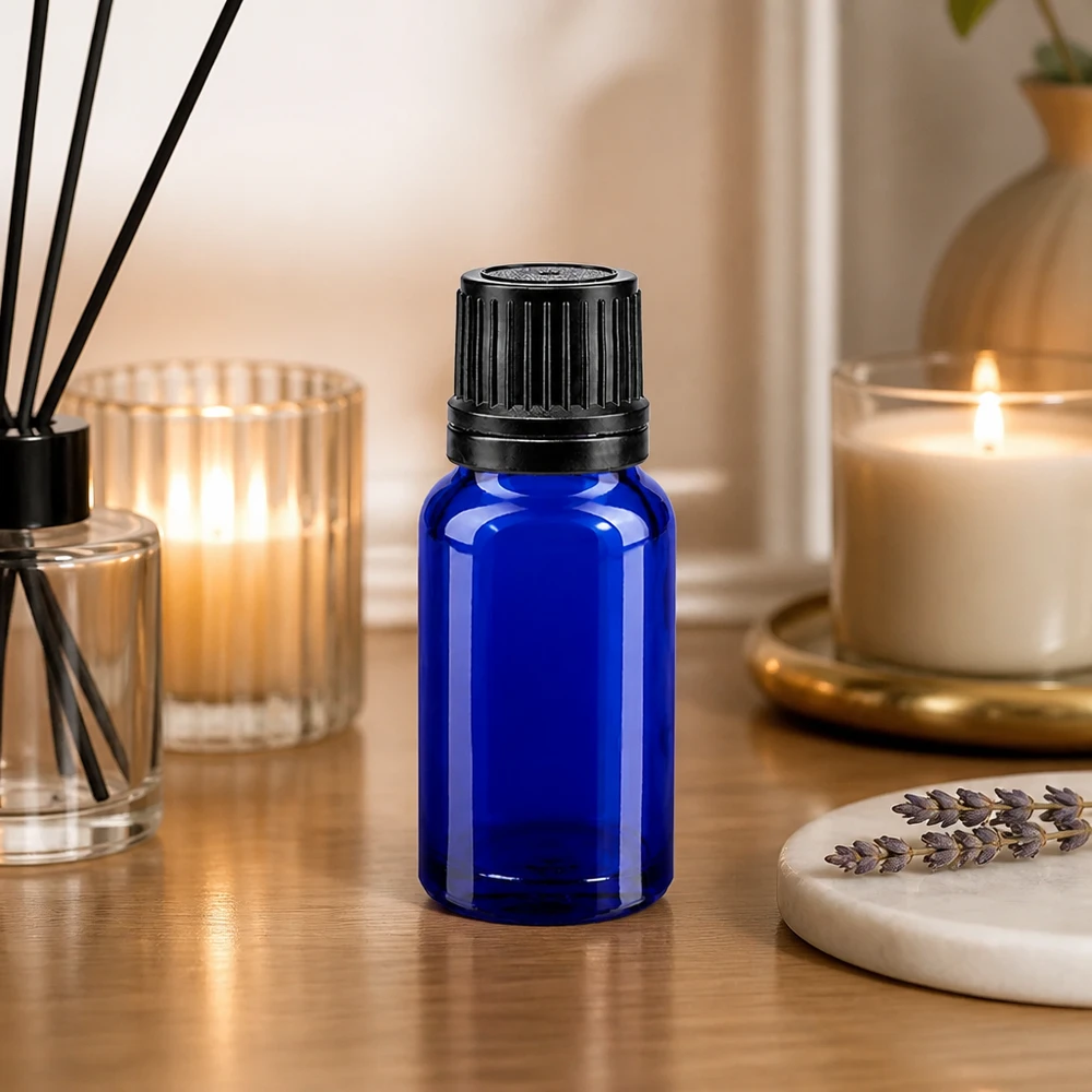 Flacone contagocce blu da 10ml OV nero/1mm ApoGlas Piccolo flacone di vetro da farmacia da 10 ml, di colore blu con tappo contagocce nero, per l'aromaterapia e gli oli essenziali