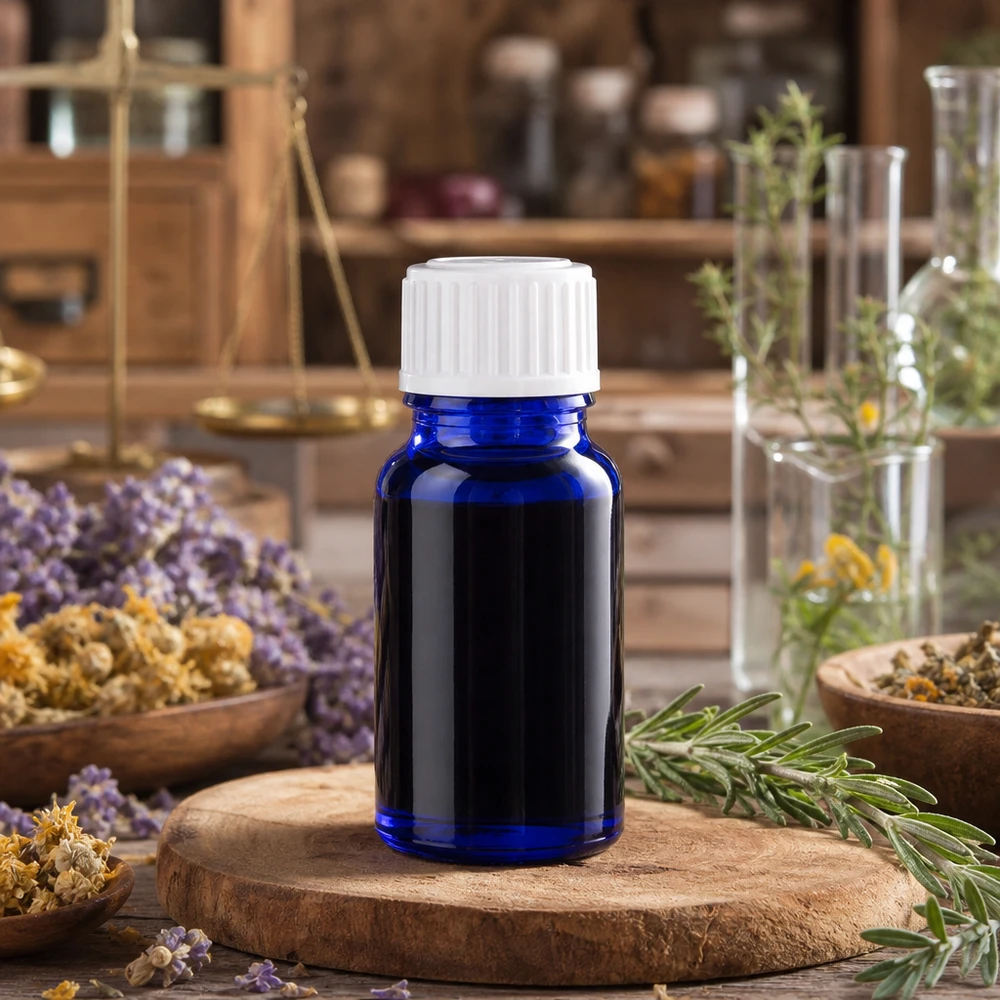 Flacone blu da 10 ml con tappo a vite bianco, circondato da lavanda ed erbe medicinali
