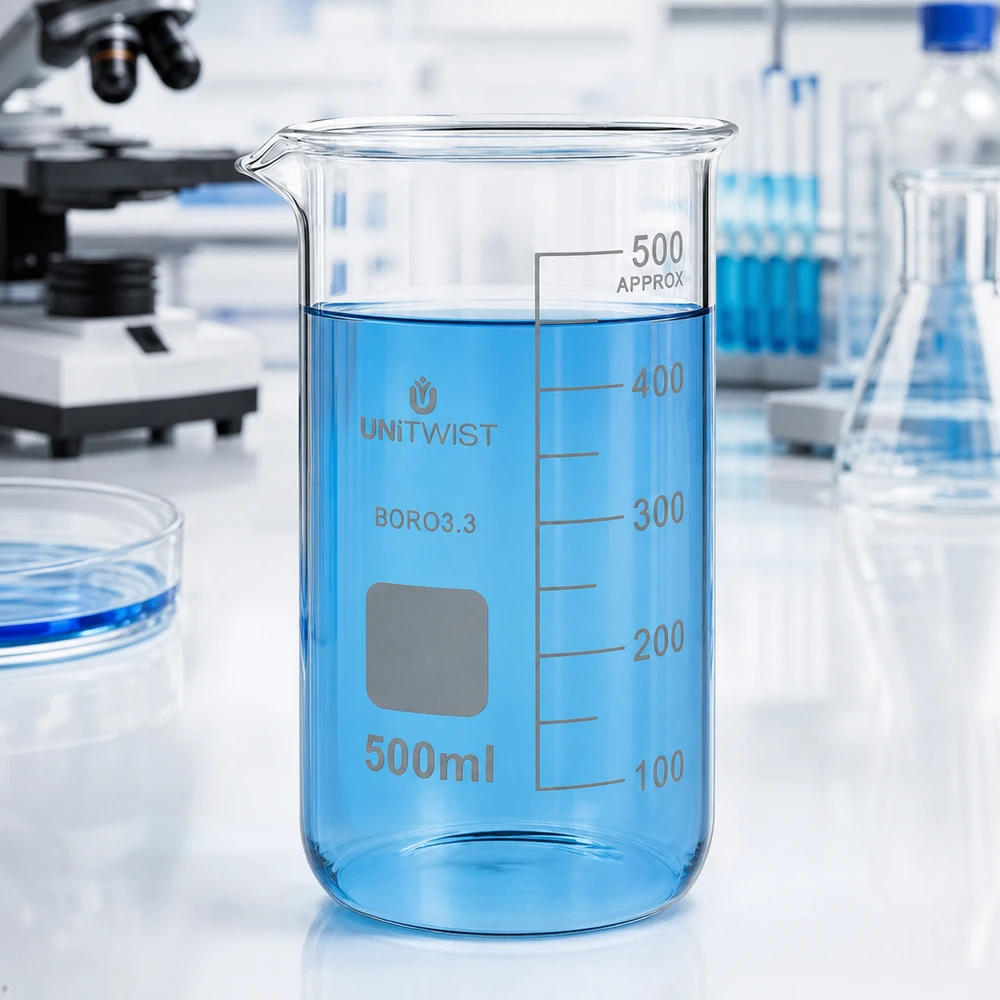 UNITWIST: becher da 500 ml a forma alta con liquido blu su un piano da laboratorio bianco