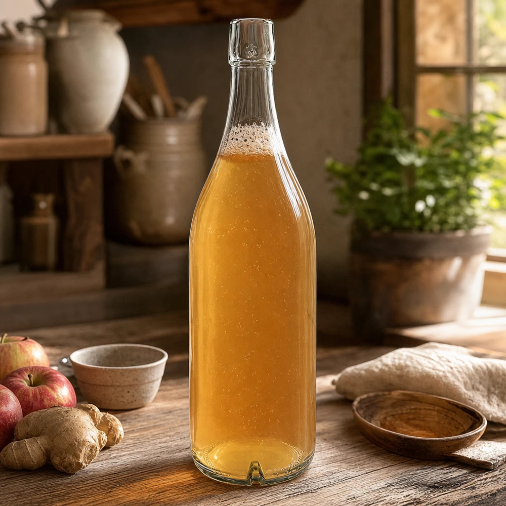 Bottiglia in vetro da 1000 ml senza tappo UNiTWIST Bottiglia di vetro da 1000 ml di UNiTWIST con contenuto dorato su un tavolo di legno accanto a mele e zenzero in una cucina rustica