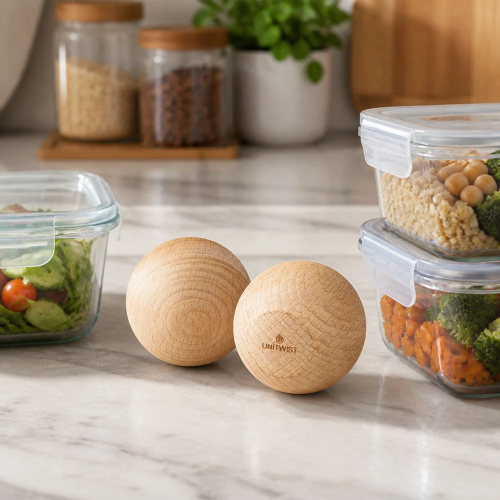 UNiTWIST palle WECK RR60 in legno di faggio in una cucina moderna con scatole per la preparazione dei pasti e barattoli per la conservazione Scena di vita
