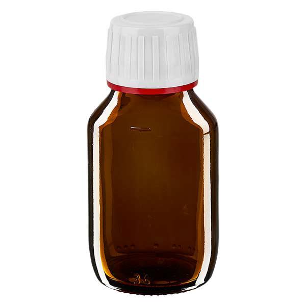 Flacone per medicinali da 50 ml marrone, tappo bianco con chiusura antimanomissione Flacone per medicinali da 50 ml marrone, tappo bianco con chiusura antimanomissione