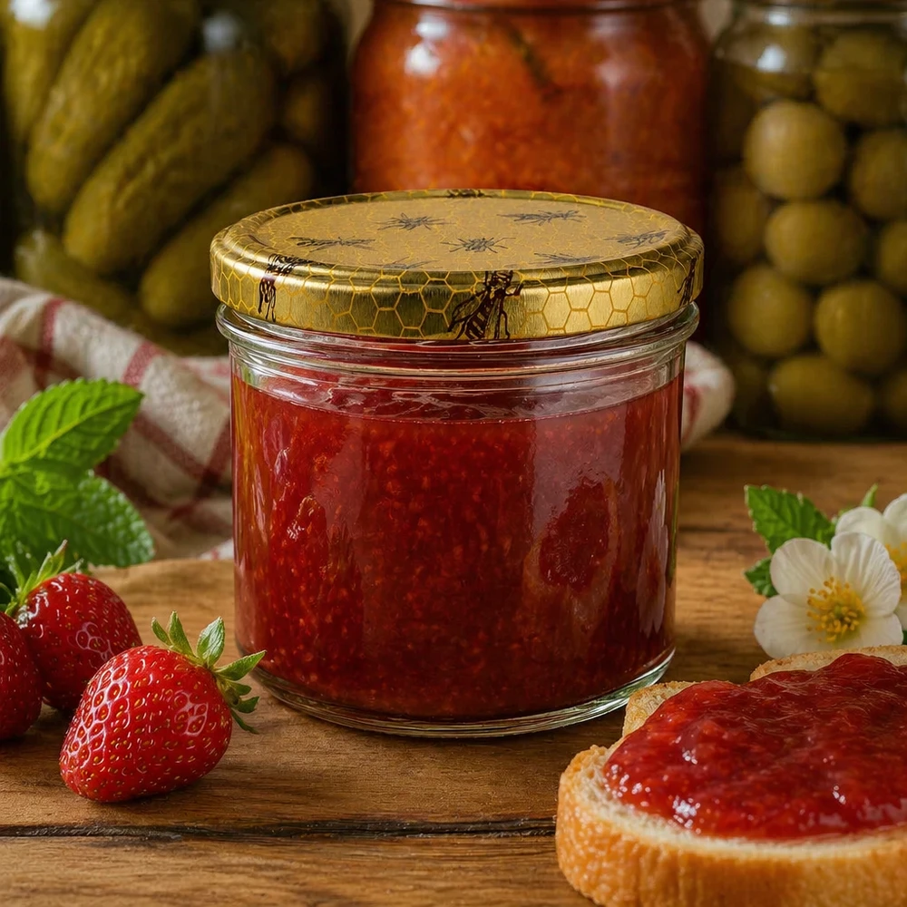 Vasetto per miele da 250 g con capsula con motivo a favo BasicSeal UNiTWIST Vasetto di miele a nido d'ape da 250 g riempito di marmellata accanto a fragole fresche e pane su un tavolo di legno