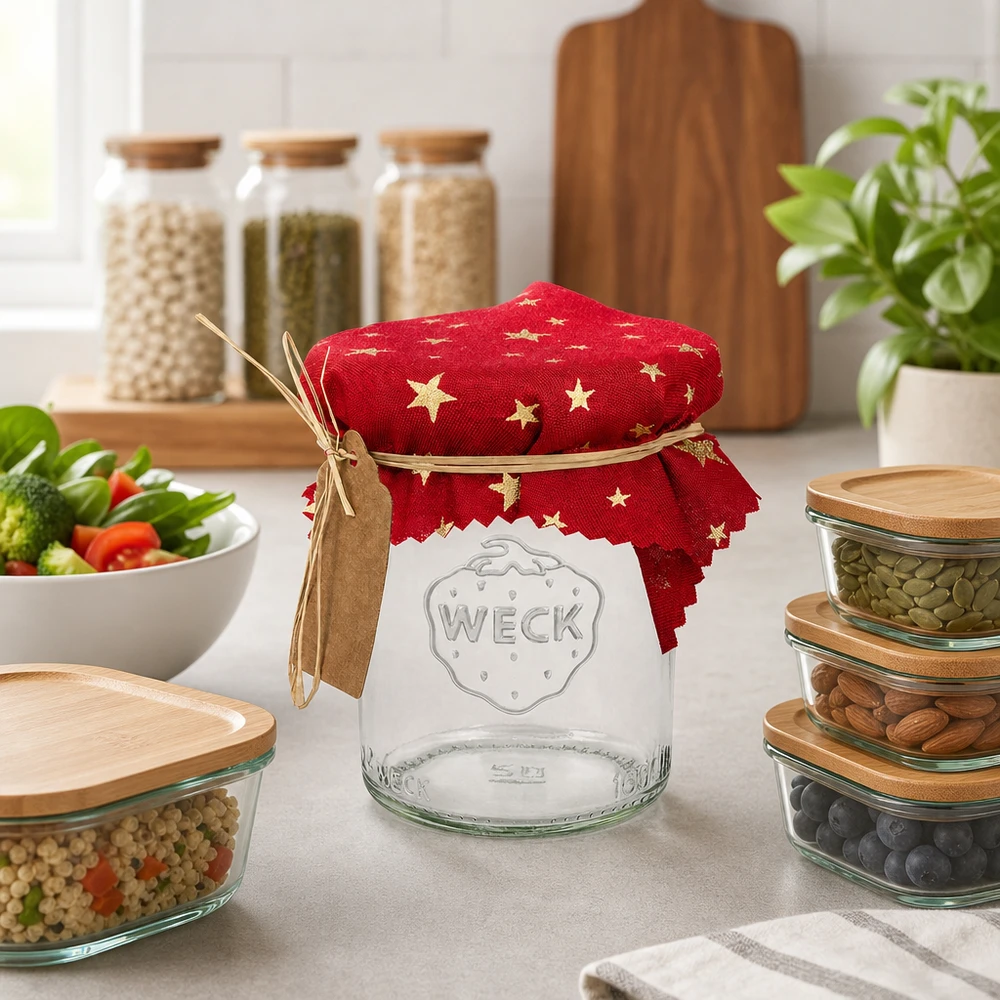 Centrino di stoffa a stelle rosse 12 cm su tavolo da cucina vuoto in vetro WECK con barattoli e verdure fresche Ambience
