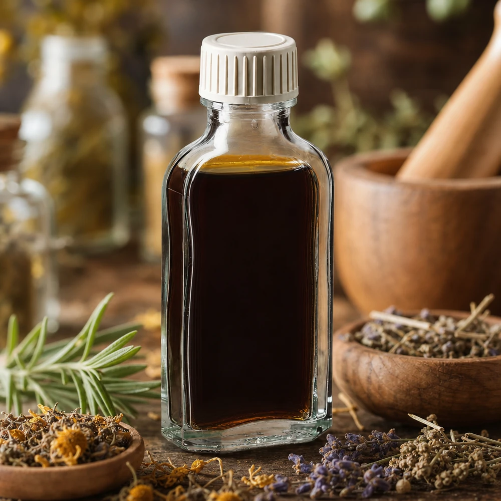 Tappo a vite trasparente Meplat da 50 ml con inserto in schiuma PE Piccola bottiglia di vetro Meplat da 50 ml con tappo a vite bianco, tra erbe essiccate e un mortaio di legno