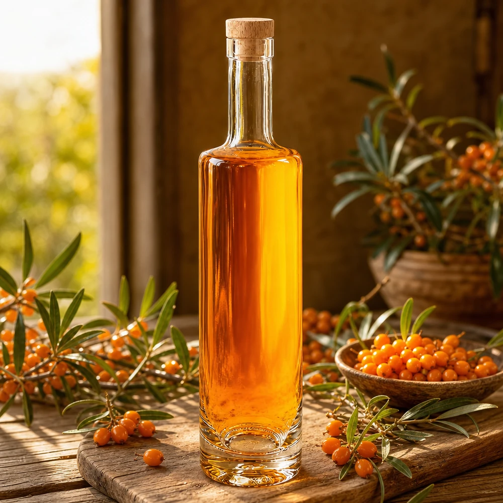 Bottiglia in vetro da 500 ml Lina con tappo in sughero con impugnatura in legno UNiTWIST® 500ml Glasflasche Lina mit Holzkorken gefüllt mit Sanddornöl zwischen Sanddornbeeren warmes Sonnenlicht Ambiente