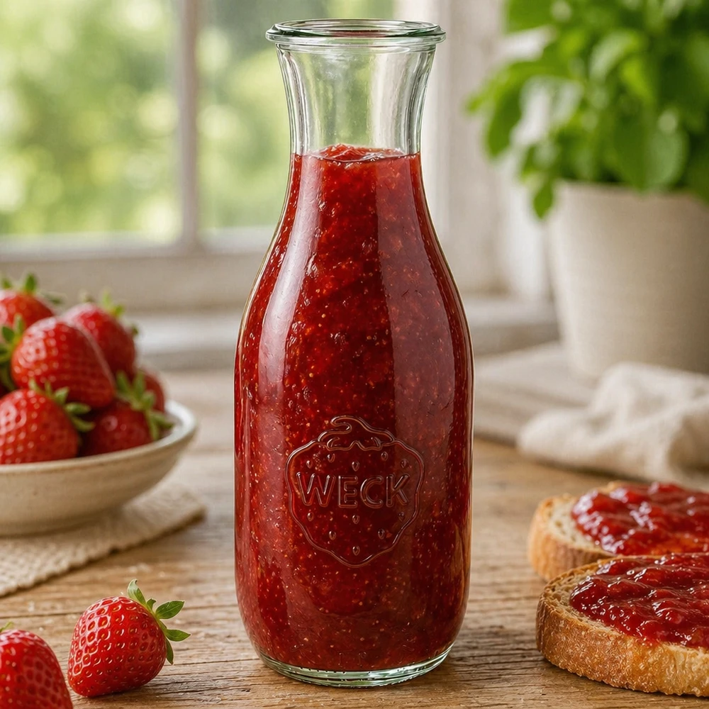 Bottiglia per succhi da 1062 ml WECK RR60 Bottiglia di succo WECK da 1062 ml RR60 riempita di marmellata di fragole fatta in casa accanto a fette di pane e frutti di bosco freschi