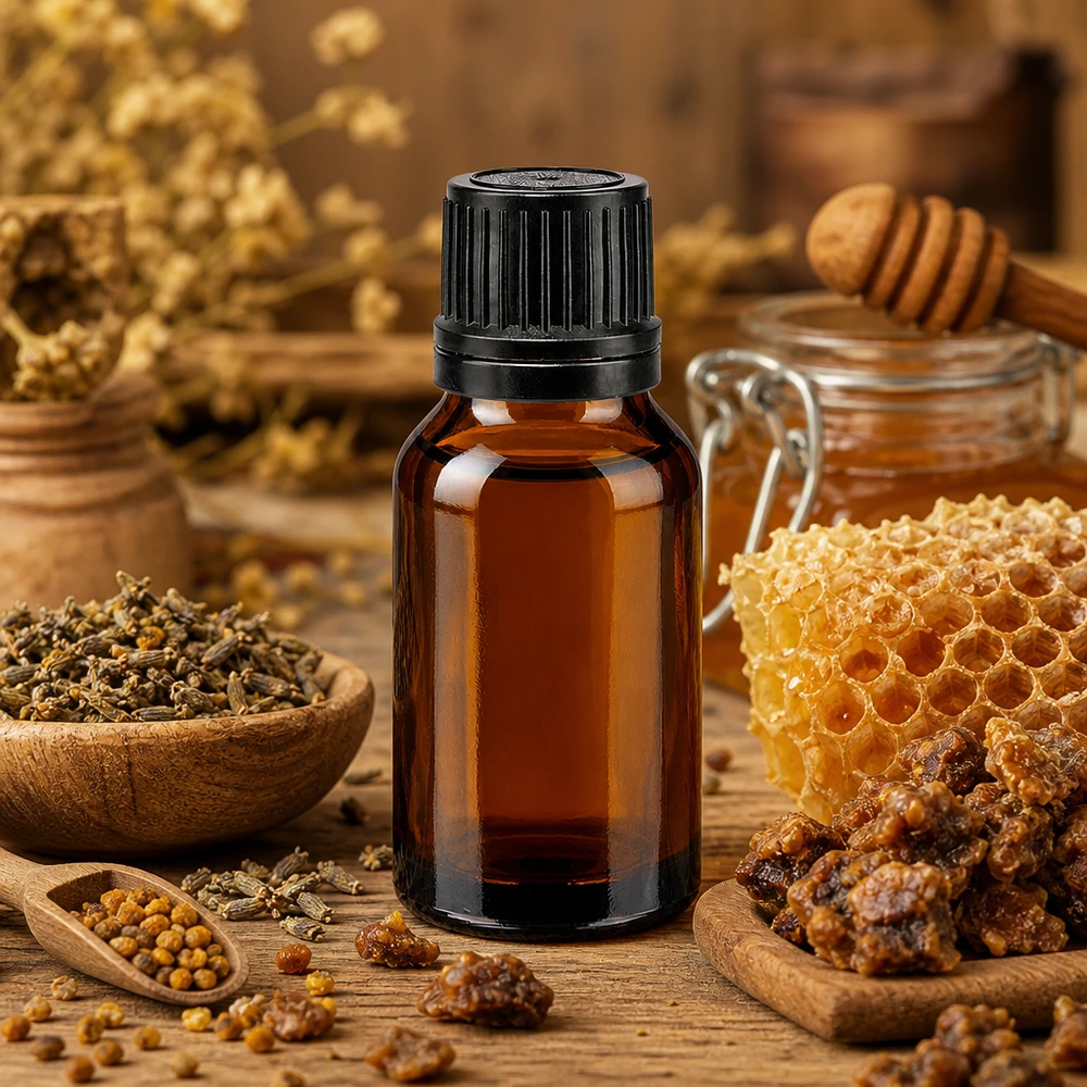 Flacone da farmacia marrone da 15 ml con tappo a vite, tra la propoli a nido d'ape e il polline d'api