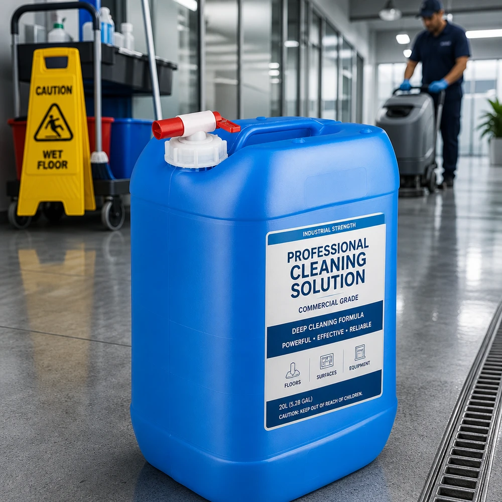 Contenitore per detergenti industriali da 25 litri, blu, con rubinetto di scarico, all’interno dell’edificio degli uffici