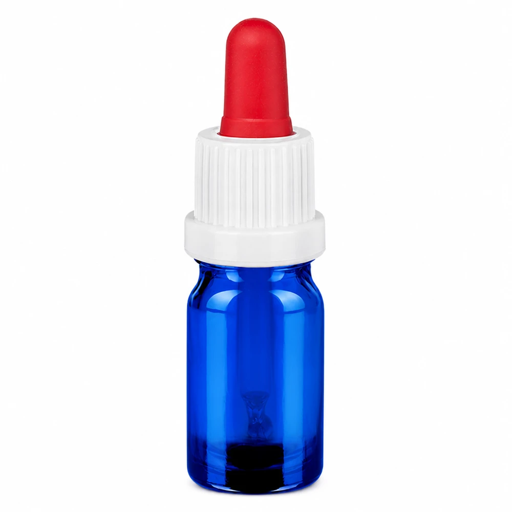 Flacone per pipette da 5 ml bianco/rosso OV BlueLine UT18/5 Flacone contagocce da 5 ml in vetro blu con pipetta rossa precisa per sieri e tinture