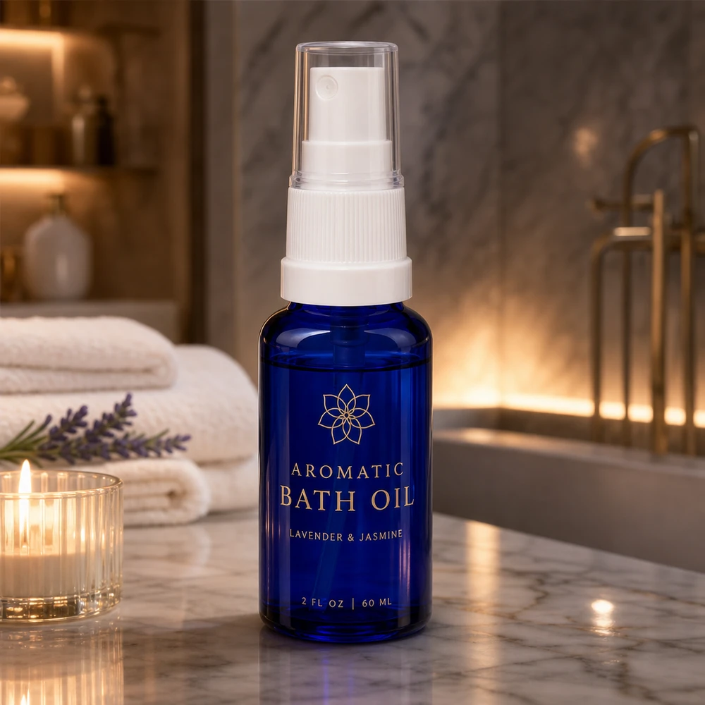 Flacone spray blu da 20ml STD bianco/trasp. apoGlas Flacone di vetro blu da 20 ml con erogatore a pompa in un lussuoso bagno con marmo e luce di candela