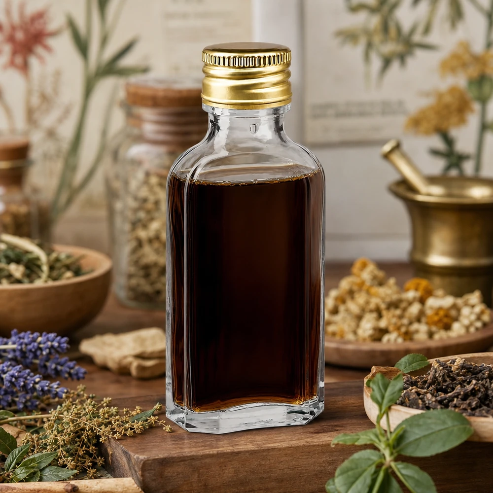 Flacone in vetro trasparente Meplat da 50 ml con tappo in alluminio PP22 dorato, circondato da erbe e piante medicinali