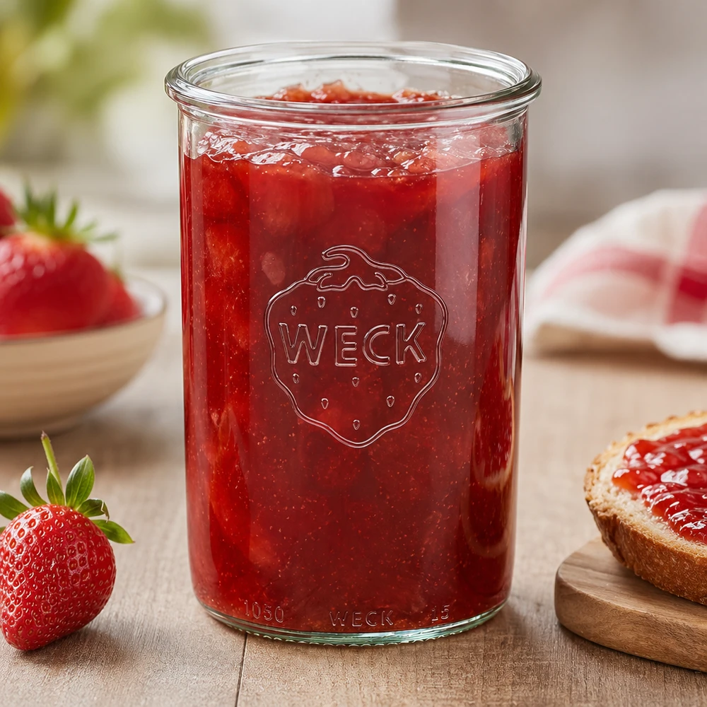Barattolo WECK 1000ml RR100 pieno di marmellata di fragole su un tavolo di legno con fragole fresche e pane